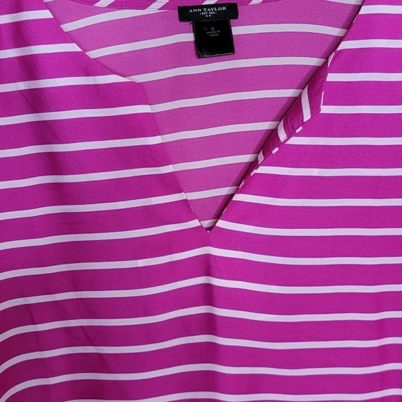 Ann Taylor Factory | Bright Pink Striped V-neck Blouse Size Small - Picture 2 of 5